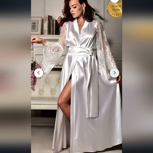 Bridal Robe, Long white robe wedding kimono, lace bridal robe Kimono